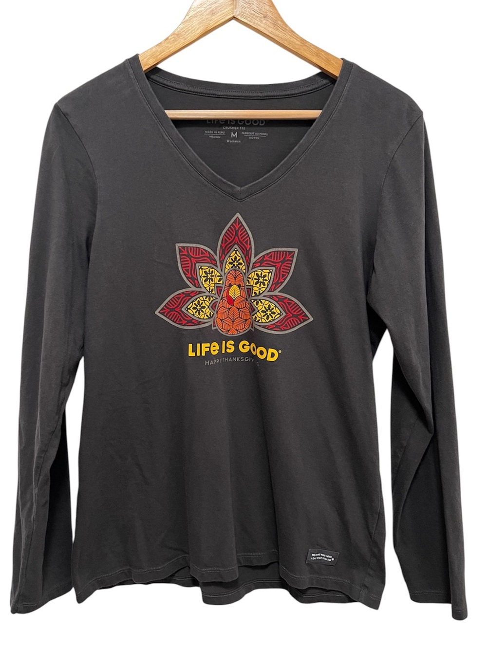 Life is Good Happy Thanksgiving Crusher T Long Sleeve V Neck Size Medium